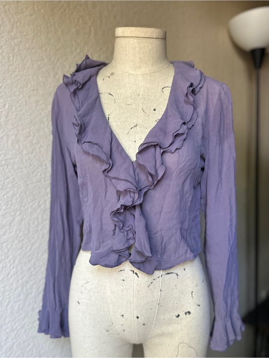 Tops - Ruffled Long-Sleeve V-Neck Blouse - Purple
